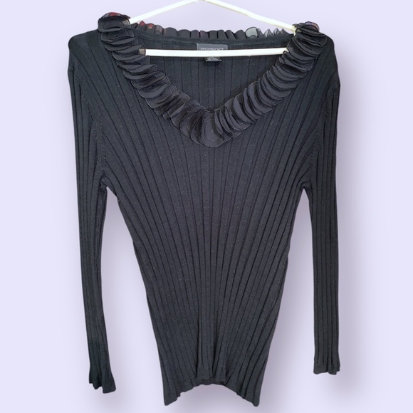 NWOT Prominence Rib Knit Black Pullover Sweater Fitted Ruffle Circle Collar XL - Picture 10 of 11